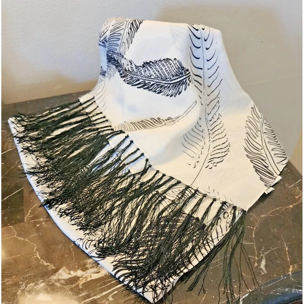 Allison W Black and White Feather Print Silk Oblong scarf  48